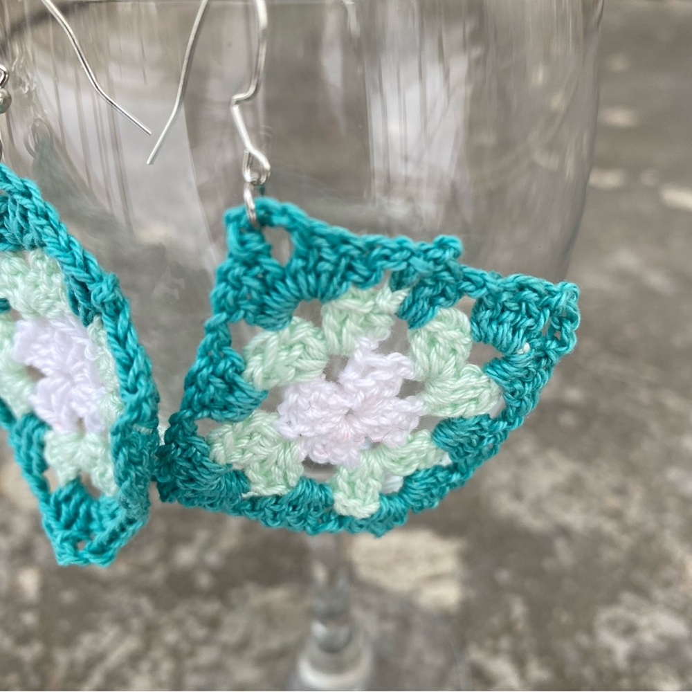 Crochet Granny Square Earrings - Turquoise Mint - Picture 6 of 7